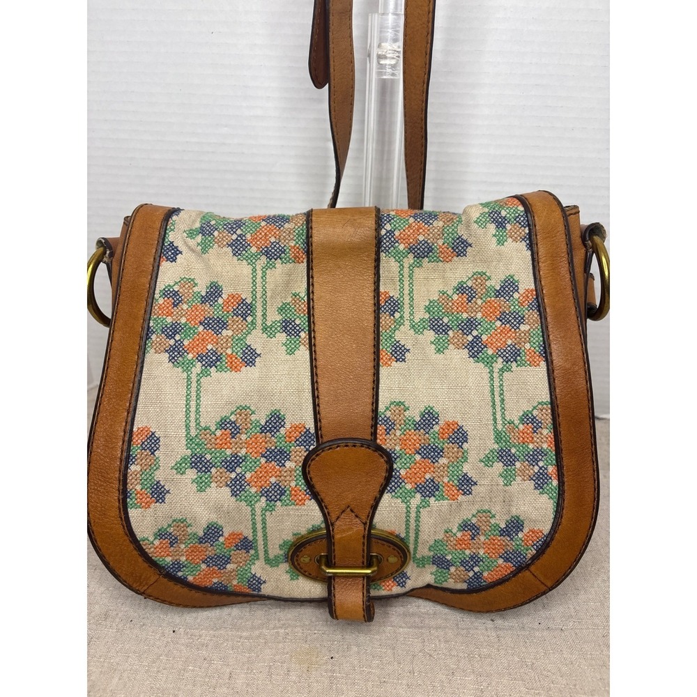 Fossil Floral Cross Stitch Brown Leather Crossbody Bag  Saddle Bag ZB5194